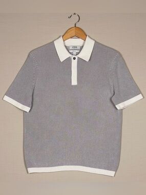 COS Textured Knit Polo Shirt Gray White Cotton Minimalist Luxury Size S